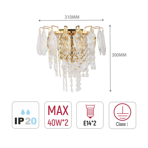 Gold Wall Light Crystal Glass and Rectangular Glass