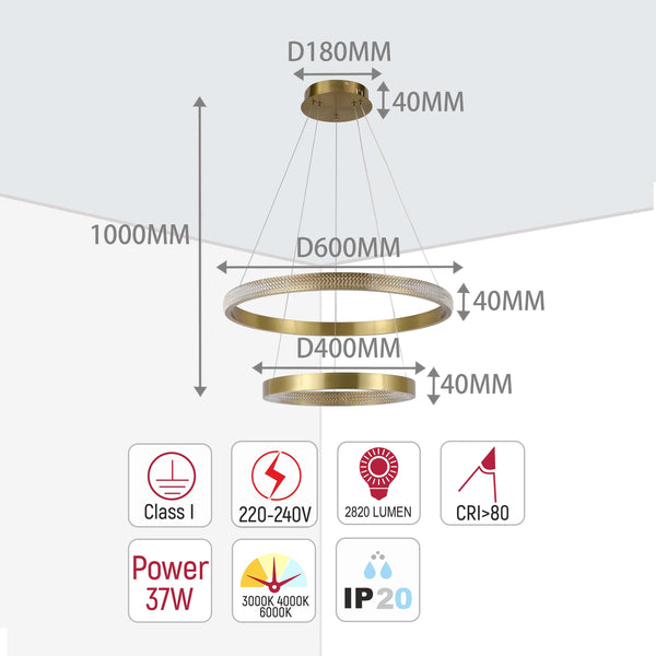 Gold Double Ring Crystal Pendant Light