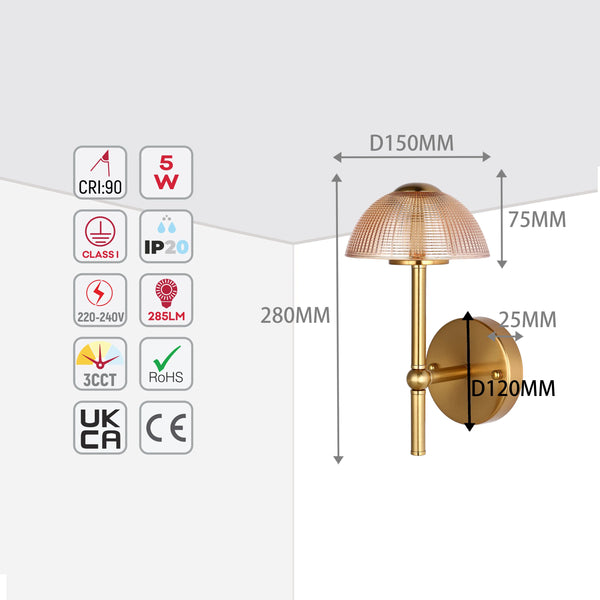 Mushroom Glass Wall Light – Integrated 5W LED, 3CCT Switchable