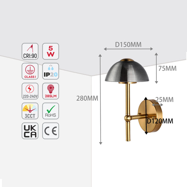 Mushroom Glass Wall Light – Integrated 5W LED, 3CCT Switchable