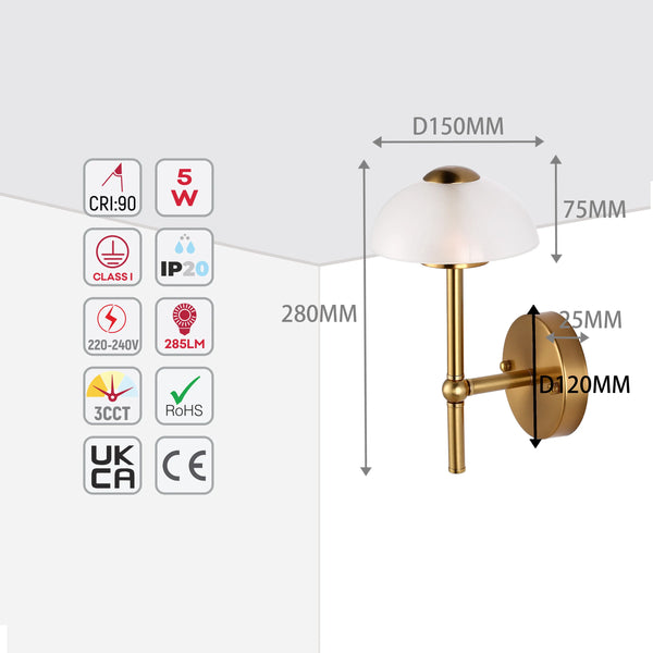 Mushroom Glass Wall Light – Integrated 5W LED, 3CCT Switchable