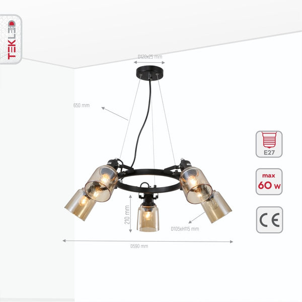 Amber Cone Glass Black Suspended Ceiling Light E27