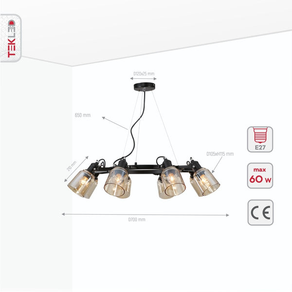 Amber Cone Glass Black Suspended Ceiling Light E27