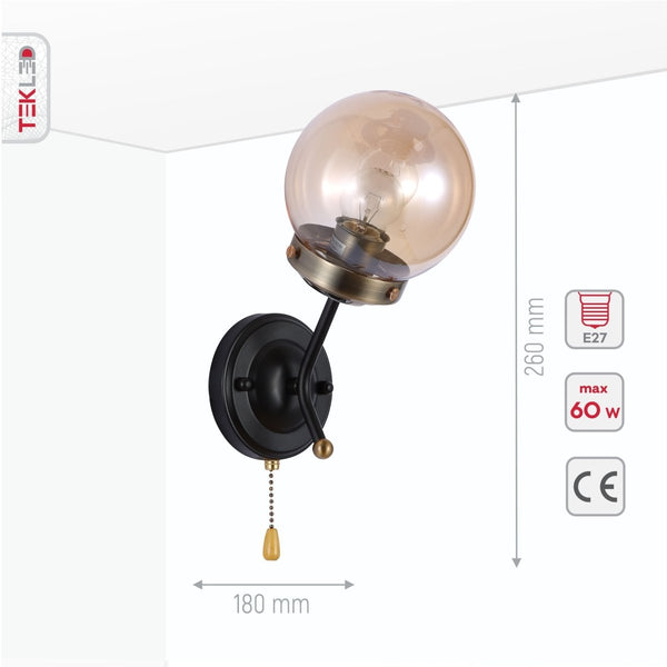 Amber Glass Antique Brass and Black Globe Wall Light E27 Fitting and Pull Down Switch