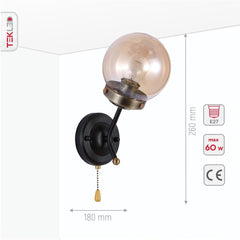 Amber Glass Antique Brass and Black Globe Wall Light E27 Fitting and Pull Down Switch
