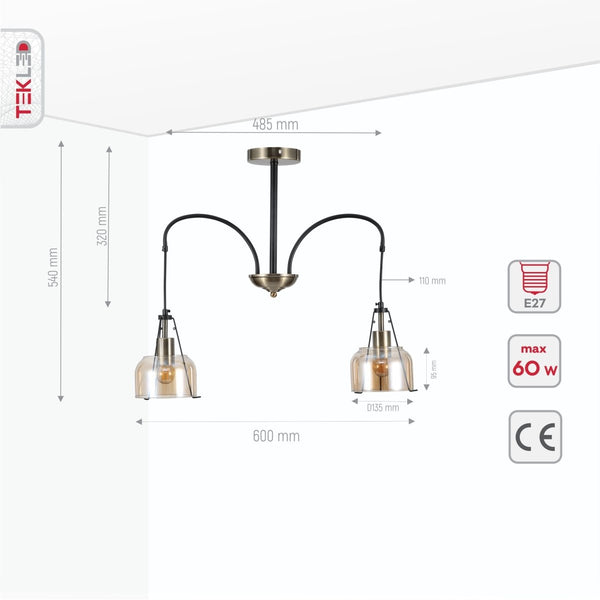 Amber Glass Black and Antique Brass Suspended Chandelier Ceiling Light E27