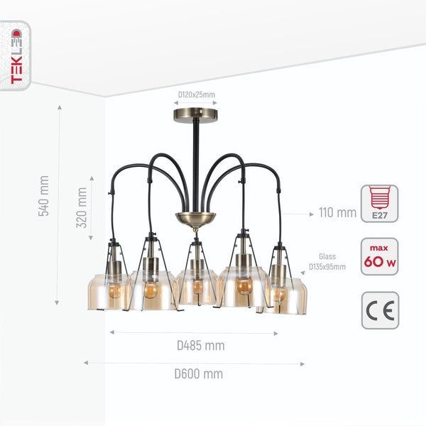 Amber Glass Black and Antique Brass Suspended Chandelier Ceiling Light E27