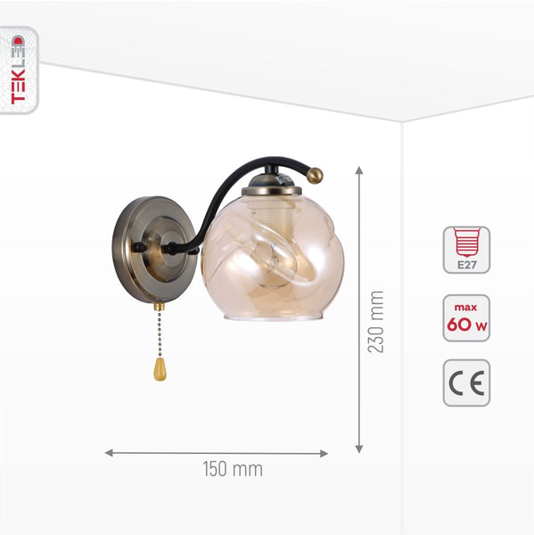 Amber Glass Black and Antique Brass Wall Light E27 Fitting and Pull Down Switch