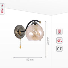 Amber Glass Black and Antique Brass Wall Light E27 Fitting and Pull Down Switch