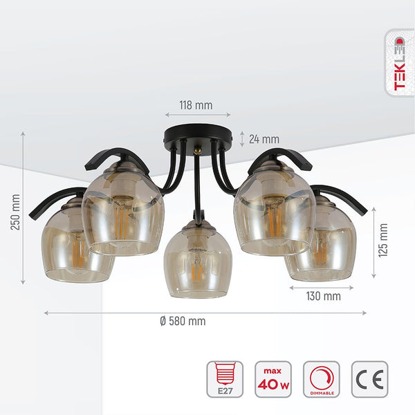 Amber Glass Black Semi-Flush Ceiling Light E27