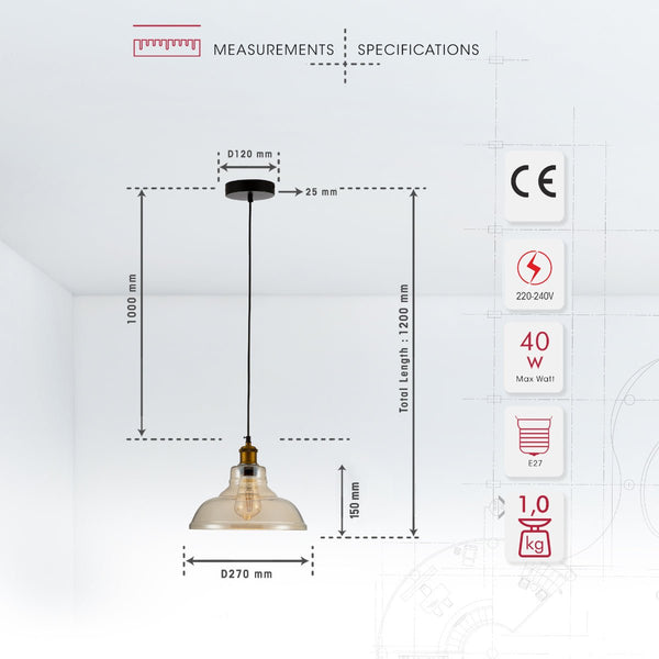 Amber Glass Cone Pendant Ceiling Light E27