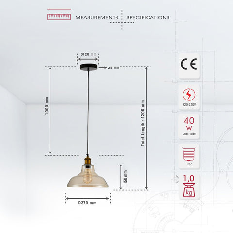 Amber Glass Cone Pendant Ceiling Light E27