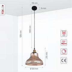 Amber Glass Cone Funnel Reeded Fluted Striped Pendant Ceiling Light E27