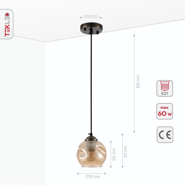 Amber Glass Dome Antique Brass Metal Pendant Ceiling Light E27