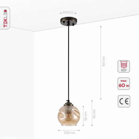 Amber Glass Dome Antique Brass Metal Pendant Ceiling Light E27