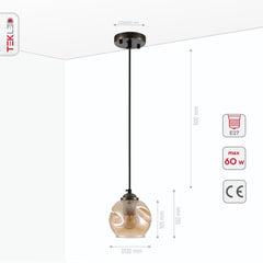 Amber Glass Dome Antique Brass Metal Pendant Ceiling Light E27