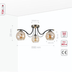 Amber Glass Dome Black and Antique Brass Metal Semi Flush Ceiling Light E27