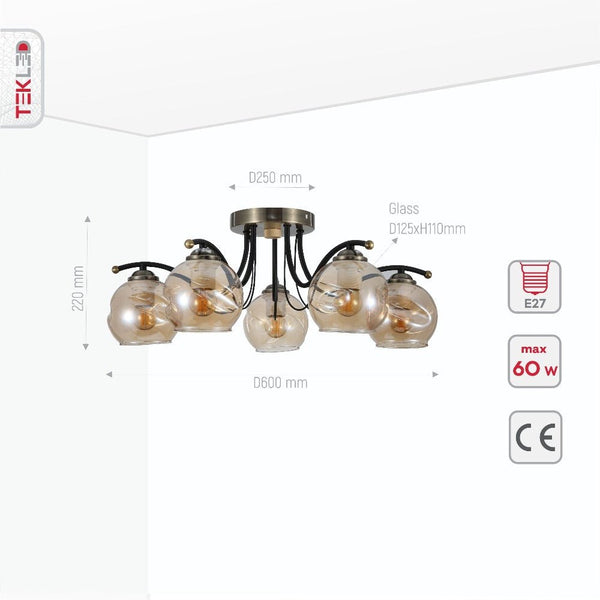 Amber Glass Dome Black and Antique Brass Metal Semi Flush Ceiling Light E27