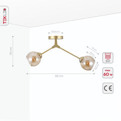 Amber Glass Dome Gold Aluminium Bronze Wishbone Semi Flush Ceiling Light E27