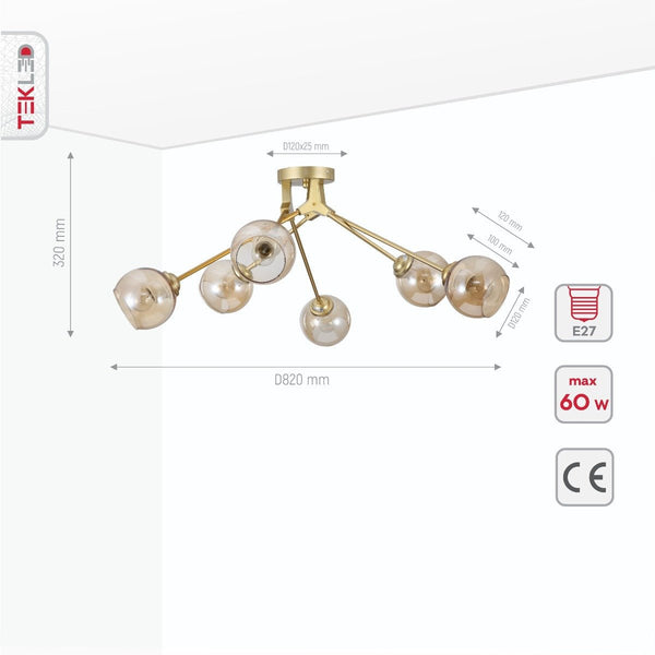 Amber Glass Dome Gold Aluminium Bronze Wishbone Semi Flush Ceiling Light E27