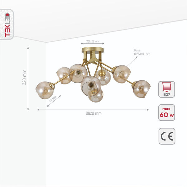 Amber Glass Dome Gold Aluminium Bronze Wishbone Semi Flush Ceiling Light E27