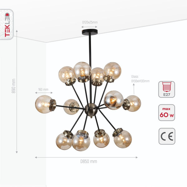 Amber Glass Globe Black and Antique Brass Semi Flush Ceiling Light E27