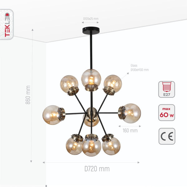 Amber Glass Globe Black and Antique Brass Semi Flush Ceiling Light E27