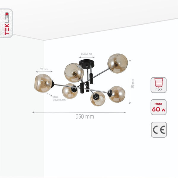 Amber Glass Globe Chrome and Black Metal Semi Flush Ceiling Light E27