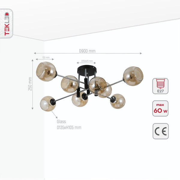 Amber Glass Globe Chrome and Black Metal Semi Flush Ceiling Light E27