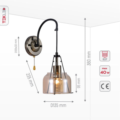 Industrial Dome Wall Light with Pull Switch and Amber Glass Shade