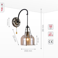 Industrial Dome Wall Light with Pull Switch and Amber Glass Shade