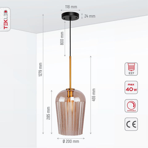 Amber Glass Chevron Schoolhouse Pendant Ceiling Light