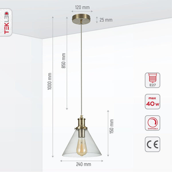 TEKLED
Isaac Antique Brass or Chrome Clear Glass Funnel Pendant Ceiling Light - Antique Brass