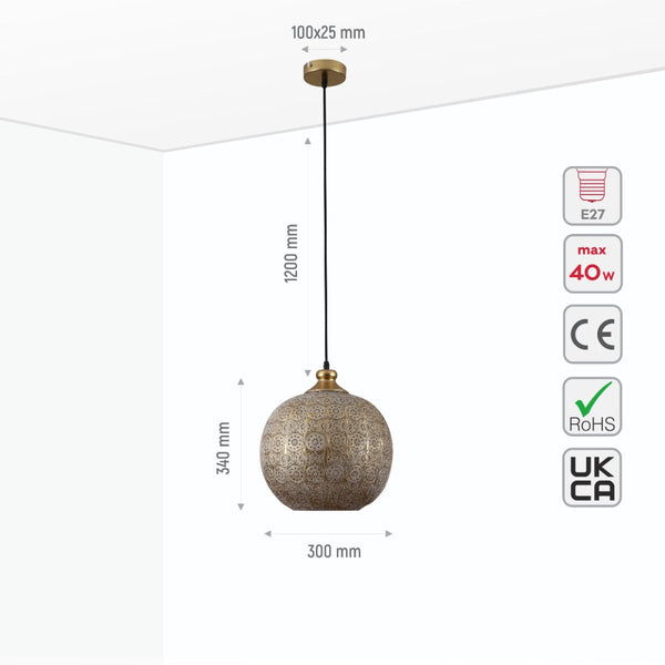 Antique Brass or Brown Gold Moroccan Style Dome Pendant Ceiling Light E27