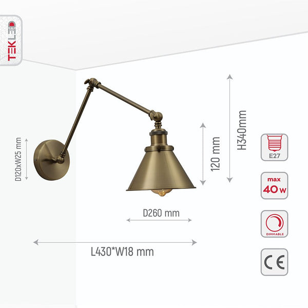 Metal Hinged Cone Wall Light E27 Fitting
