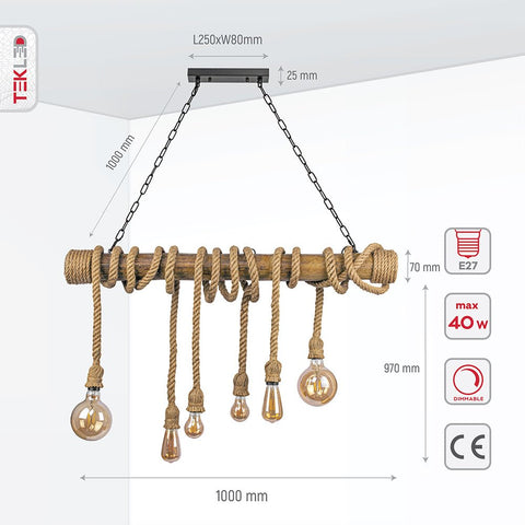 Farmhouse Rustic Bamboo and Hemp Rope Rod Ceiling Chandelier Light 6xE27