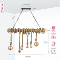 Farmhouse Rustic Bamboo and Hemp Rope Rod Ceiling Chandelier Light 6xE27