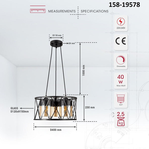 TEKLED Black Caged Metal Amber Cylinder Glass Chandelier Ceiling Light 3xE27