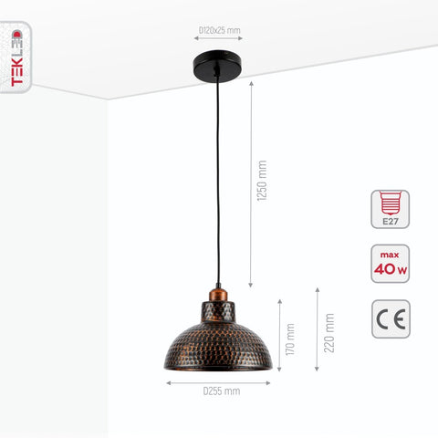 Black Copper Brush Effect Metal Golden Hammer Dome Pendant Ceiling Light E27