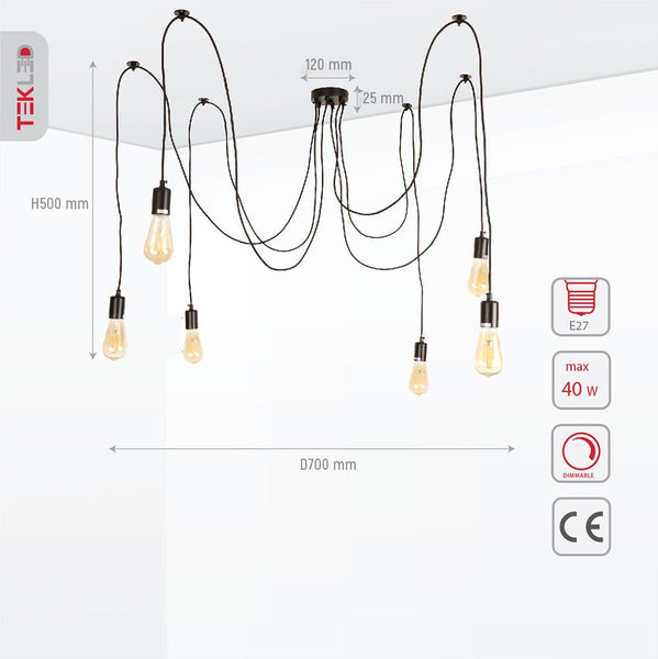 Black Cord Spider Chandelier Ceiling Light 6xE27