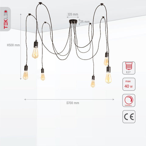 Black Cord Spider Chandelier Ceiling Light 6xE27
