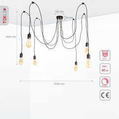 Black Cord Spider Chandelier Ceiling Light 6xE27