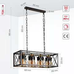 Black Cuboid Metal Amber Cylinder Glass Island Chandelier Ceiling Light 4xE27