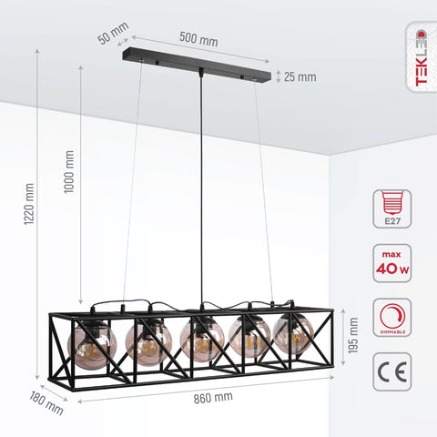 Black Cuboid Metal Amber Globe Glass Island Chandelier Ceiling Light 5xE27