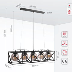 Black Cuboid Metal Amber Globe Glass Island Chandelier Ceiling Light 5xE27