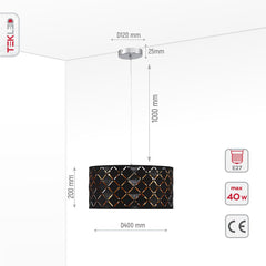 Black-Gold Fabric Cylinder Pendant Ceiling Light E27