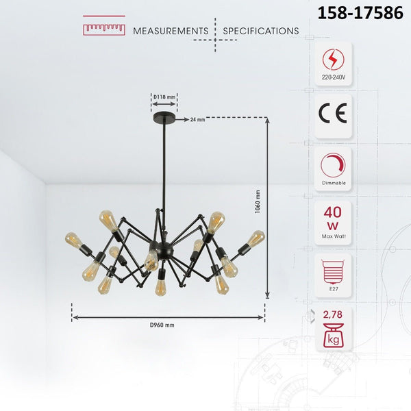 Black Hinged Rod Metal Spider Chandelier Ceiling Light E27 Fittings