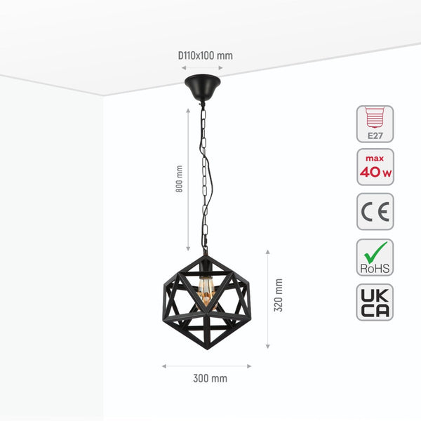 Black Metal Cage Polyhedral Pendant Ceiling Light E27