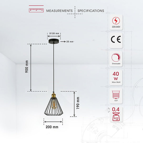 Black Metal Caged Funnel Pendant Ceiling Light E27