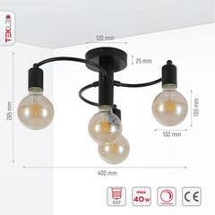 Modern Black Swirl 4-Light Semi-Flush Ceiling Light Fixture